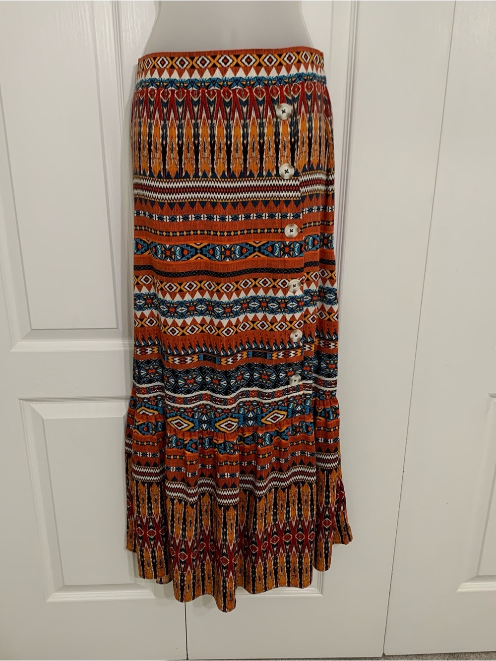 Patterned Rust Multi Maxi Skirt with Button Front XS